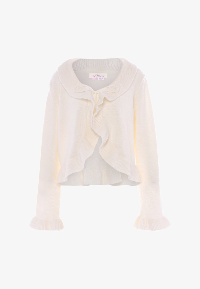 Bílý zkrácený cardigan vyrobený z měkké pleteniny, s volánovým límcem, předním uvázáním a volánovými manžetami na rukávech.