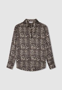 Koszula z długim rękawem zapinana na guziki w zwierzęcy wzór z beżowo-czarną paletą kolorów. Wykonana z gładkiego materiału, z klasycznym kołnierzykiem.