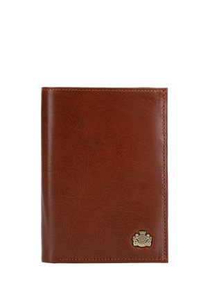 Brown leather bifold wallet with a small gold emblem bearing a crest and "Wittchen" text in the lower right corner.