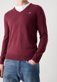 Pull col en V couleur bordeaux en tissu tricoté doux et fin, avec manches longues et poignets et ourlet côtelés. Porté sur un t-shirt blanc.