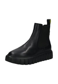 Must musta chelsea saapad elastsete külgpaneelidega, tekstuuriga pind, ümar varvas ja paks must tall, millel on väljendunud sooned.