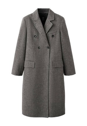 Long manteau gris en laine à double boutonnage avec revers à cran, deux poches à rabat et une poche poitrine passepoilée, conçu pour le temps froid.