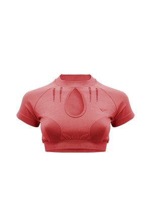 Top sportivo rosa corallo corto con maniche corte, apertura a goccia sul davanti, orlo a coste e sottili fessure di ventilazione sul petto.