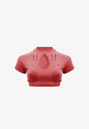 Korallenrotes, kurzes Sportoberteil mit kurzen Ärmeln, tropfenförmigem Ausschnitt vorne, geripptem Saum und dezenten Belüftungsschlitzen auf der Brust.