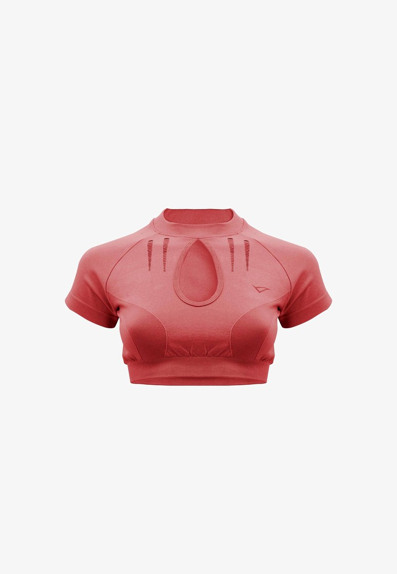 Korallenrotes, kurzes Sportoberteil mit kurzen Ärmeln, tropfenförmigem Ausschnitt vorne, geripptem Saum und dezenten Belüftungsschlitzen auf der Brust.