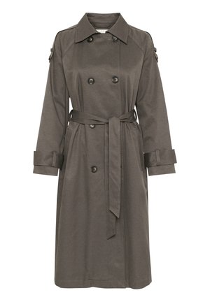 Gray trench coat with a double-breasted design, shoulder epaulets, belt at the waist, and buttoned cuffs in a smooth fabric texture.