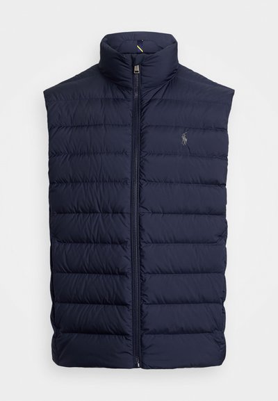 Navy blue puffer vest with a high collar, front zipper, and horizontal quilted pattern. Features a small logo on the chest.