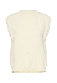 Kreemi neulepusero, jossa on ribbauspintainen aaltoileva kaula-aukko ja helma, sekä kohokuvioidut kukkakuviot koristehelmet ympäriinsä. Hihaton malli.