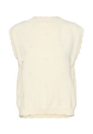 Krēmkrāsas adīta džemperis ar ribotu viļņotu kakla izgriezumu un apakšmalu, rotāts ar izspiestām ziedu rakstiem un dekoratīvām pērlītēm visā virsmā. Bez piedurknēm.