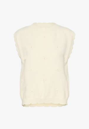 Pull en maille crème avec un col et un ourlet à milan cannelé, présentant des motifs floraux en relief ornés de perles décoratives. Conception sans manches.