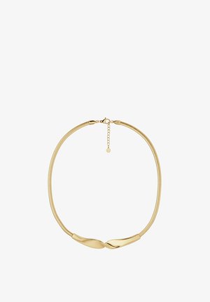 Kuldne kaelakee, millel on ees sujuv keerduv aksent, paindlik metallketi ja homaariklambri sulgemisega koos pikenduskettiga.