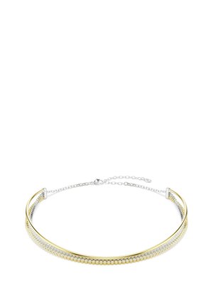 Collar choker de plata y oro con dos bandas finas, una de oro liso y otra de oro con pequeñas piedras transparentes, cierre ajustable con cadena.