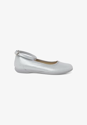 Silver ballet flats with a smooth, shiny texture, rounded toe design, and an adjustable ankle strap. Features a low, cushioned sole.