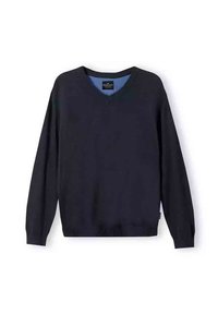 Granatowy sweter w serek wykonany z miękkiego materiału, z długimi rękawami, prążkowanym dołem i subtelnym niebieskim podbiciem. Klasyczny i wszechstronny design.