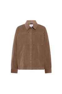 Veste-chemise en velours côtelé marron à manches longues avec deux poches poitrine, un col, des poignets à boutons et une fermeture à boutons sur le devant.