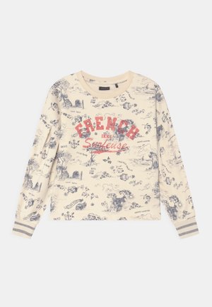 Crème lange mouw sweatshirt met een blauwe graphic print met buitenmotieven en een rode "FRENCH" logo, afgewerkt met gestreepte manchetten.