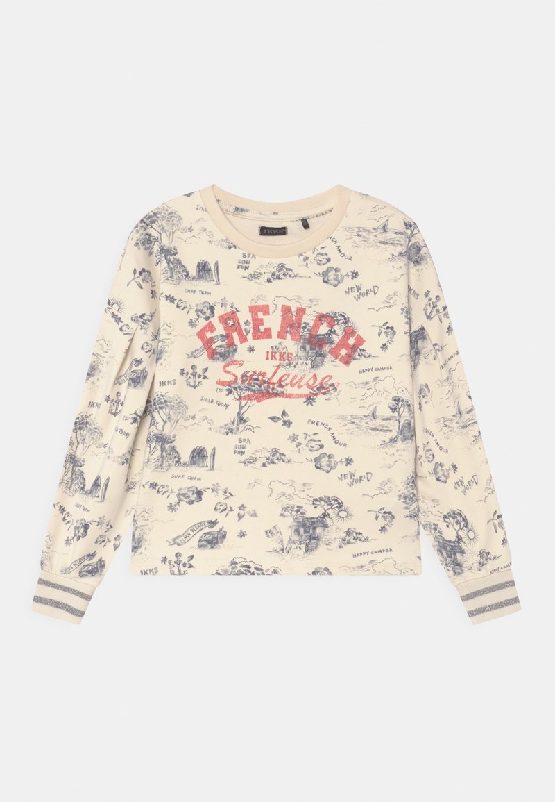 Sweatshirt crème à manches longues avec un imprimé graphique bleu présentant des motifs d'extérieur et un logo "FRENCH" rouge, agrémenté de poignets rayés.