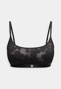 Μαύρο μπραλέτα από δαντέλα με λουλουδάτο σχέδιο, λεπτές ρυθμιζόμενες τιράντες και ελαστική ταινία με την ετικέτα "HUGO" στο μέσον μπροστά.