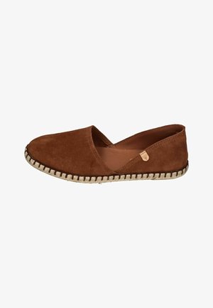 Brown suede slip-on espadrille shoe with beige jute-wrapped sole and visible stitching along the sole edge.