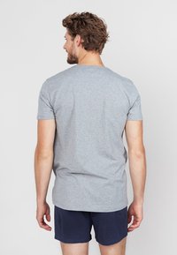 Grijze T-shirt met korte mouwen, ronde hals, zachte stof, rechte snit, gedragen met marineblauwe shorts, minimalistisch ontwerp, achterkant zichtbaar.