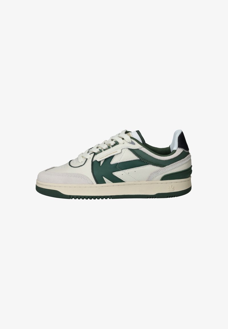 Witte sneaker met groene accenten, gemaakt van leer en synthetische materialen, laag model, ronde neus, textuur op de zool voor grip en gelaagde details.