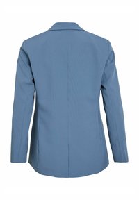 Veste blazer bleue ajustée à manches longues, avec détails de coutures et col cranté, vue de dos sur fond blanc.