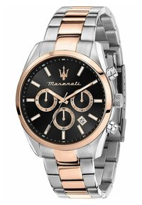 Maserati horloge met een zwarte wijzerplaat, een band van zilver en roségoud roestvrij staal. Bevat drie sub-dials en een datvenster.