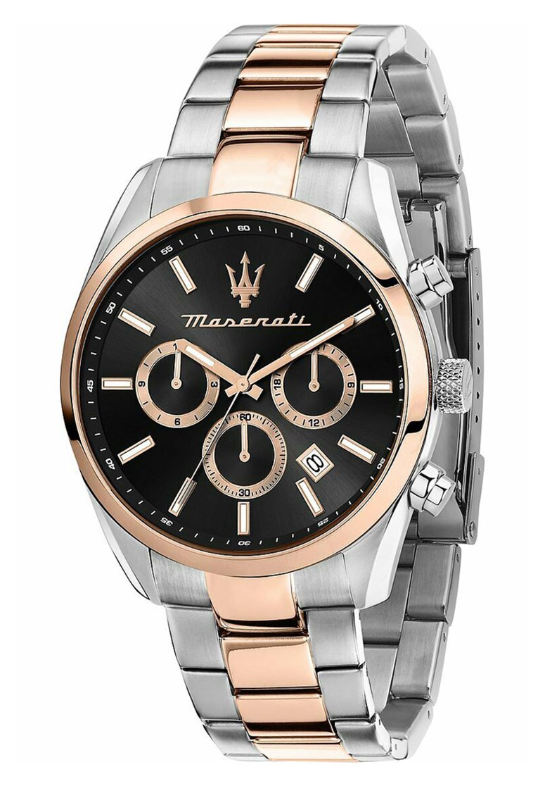 Maserati horloge met een zwarte wijzerplaat, een band van zilver en roségoud roestvrij staal. Bevat drie sub-dials en een datvenster.
