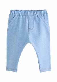 Pantalons de survêtement en coton bleu clair avec une taille élastique, des ouvertures de jambes courbées et deux poches avant. Texture douce avec des coutures visibles.