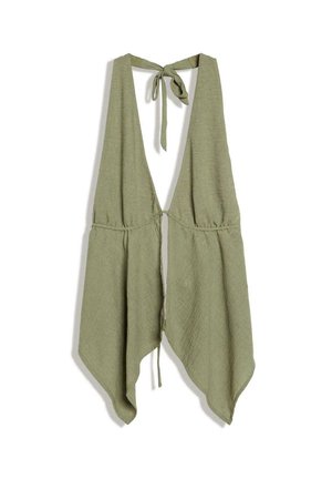 Ujjatlan, olívazöld, pántos felső mély V-nyakkal, nyaknál és elől megkötőkkel, valamint aszimmetrikus kendőszegéllyel.