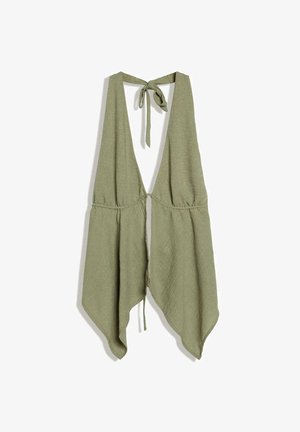 Bezrękawnik w oliwkowym zielonym kolorze z głębokim dekoltem w kształcie litery V, wiązaniami przy szyi i z przodu oraz asymetrycznym, chustkowatym dołem.