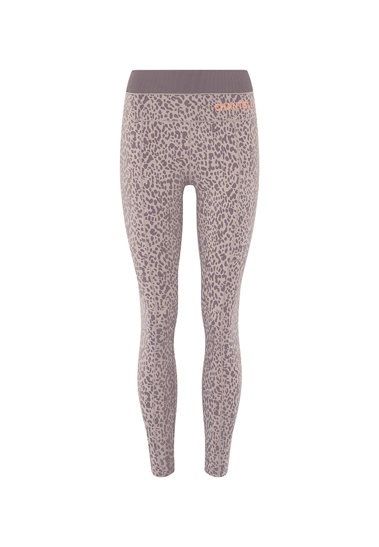 Leggings en tissu extensible, avec une base violet clair ornée de motifs sombres et une ceinture large unie violet.