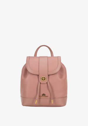 Pink leather backpack with textured finish, rounded top, and a flap closure. Features gold hardware accents and a drawstring detail at the front.