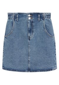 Jupe en jean avec un lavage bleu clair, dotée d'une ceinture élastique, de deux poches avant, et d'une coupe droite avec un ourlet au-dessus du genou.