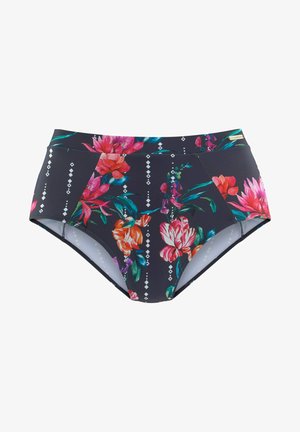 Blumige High-Waist-Bikinihosen in Dunkelblau mit lebhaften rosa, orangefarbenen und grünen Blumen. Mit geometrischen weißen Mustern und elastischem Material.