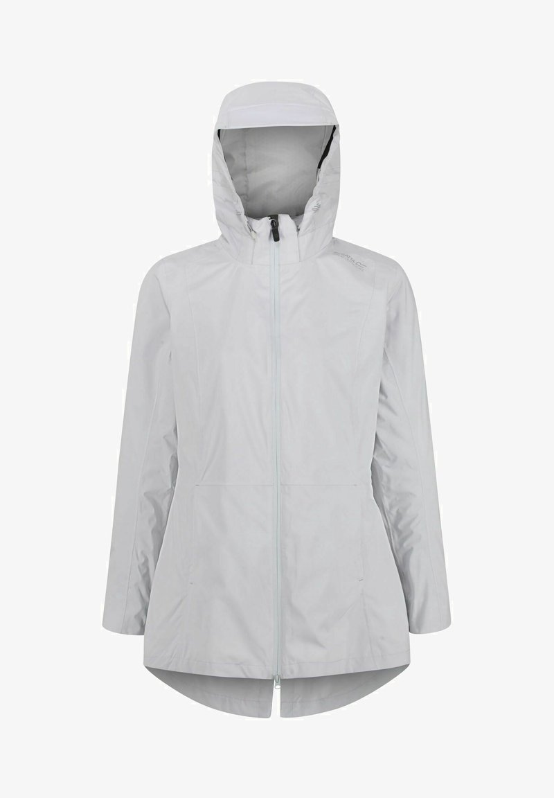 Veste imperméable gris clair avec capuche, fermeture éclair frontale et ourlet arrière légèrement plus long, présentée sur un fond blanc uni.