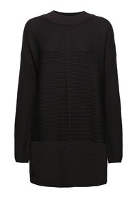 Svart stickad tröja med ribbad textur, rund hals och långa ärmar. Har en lös passform och förlängd längd för extra täckning.