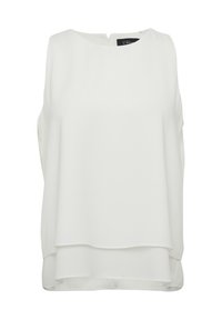 Bílá bezrukávová blůza s kulatým výstřihem, vrstveným designem a skrytým zapínáním na zadní straně. Vyrobena z hladké, lehké tkaniny.