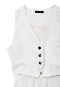 Gilet bianco senza maniche con scollatura a V profonda, tre bottoni neri sul davanti e tasche frontali sottili, etichettato Calliope taglia S.