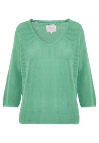 Pull en maille vert menthe avec un col en V, des manches trois-quarts et une texture légère en tissage ouvert.