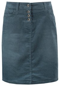 Falda mini de mezclilla en azul oscuro, con un diseño recto, cinco botones metálicos en la parte delantera y dos bolsillos laterales. Textura suave.