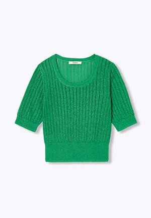 Pull court à manches courtes en maille côtelée verte avec encolure dégagée et taille ajustée, doté d'un léger éclat dans le tissu.