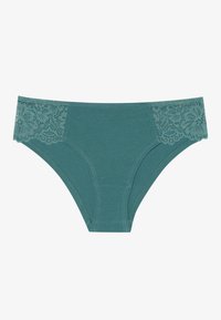 Teal katoenen slip met kant aan de zijkanten; elastische tailleband; gladde textuur; decoratief bloemmotief van kant.