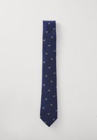 Cravate marine à la texture lisse, ornée d'un motif de petits oiseaux brodés en crème et bleu, espacés de manière homogène.