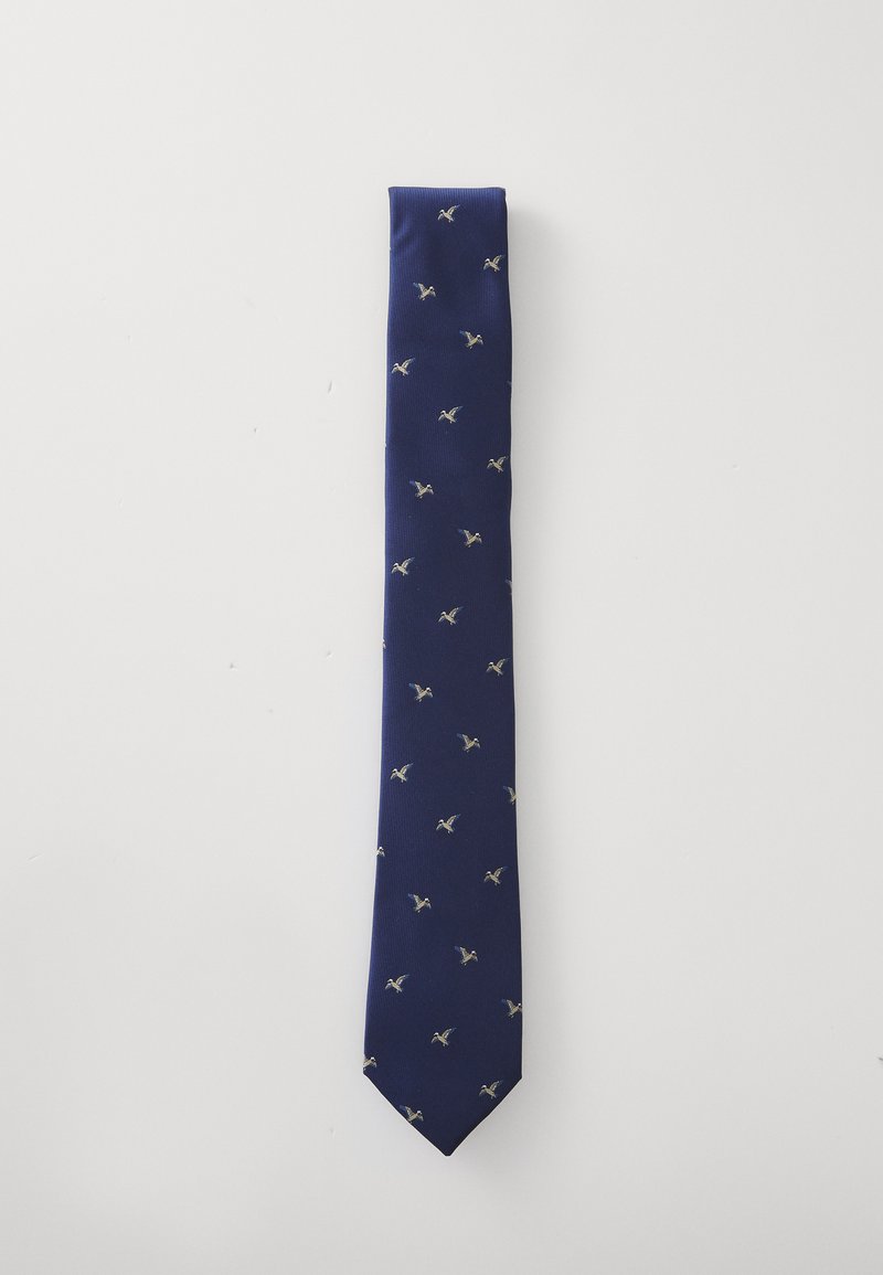 Cravate marine à la texture lisse, ornée d'un motif de petits oiseaux brodés en crème et bleu, espacés de manière homogène.