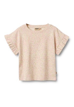 Lyhythihainen vaaleanpunainen kukkakuviollinen taaperopaita, jossa on röyhelöhihat ja pyöreä pääntie, asetettuna tasaiselle valkoiselle taustalle.