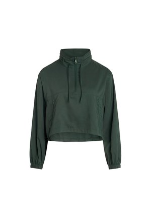 Tume roheline lühendatud pullover-jakk kõrge kraega, poole luku, ees teiste lukkudega taskutega, pikad varrukad ja elastsed mansetid.