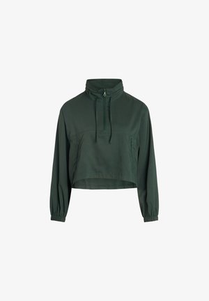 Tume roheline lühendatud pullover-jakk kõrge kraega, poole luku, ees teiste lukkudega taskutega, pikad varrukad ja elastsed mansetid.