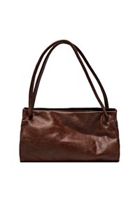 Brown leather tote bag with two shoulder straps, rectangular shape, smooth texture, and subtle sheen. No visible hardware or embellishments.