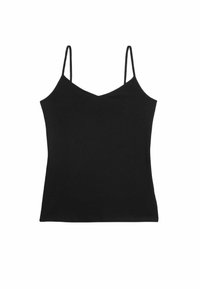 Camisola nera con spalline sottili regolabili, design a V, texture del tessuto morbida, forma aderente, adatta per essere indossata in sovrapposizione o per un abbigliamento casual.